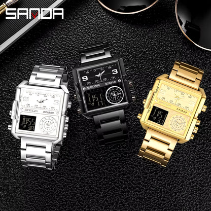 Sanda 6023 Triple Time Multifunctional Stainless Steel Premium Men's Watch