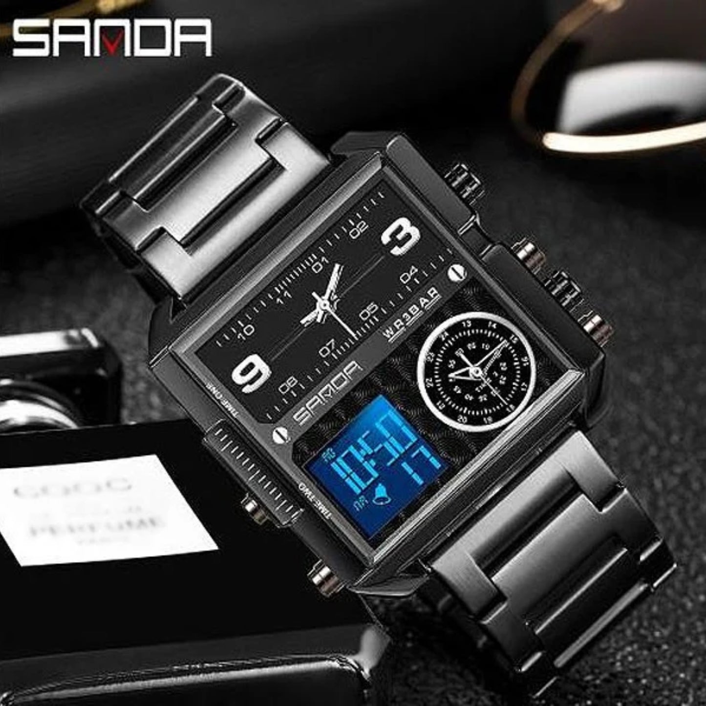 Sanda 6023 Triple Time Multifunctional Stainless Steel Premium Men's Watch