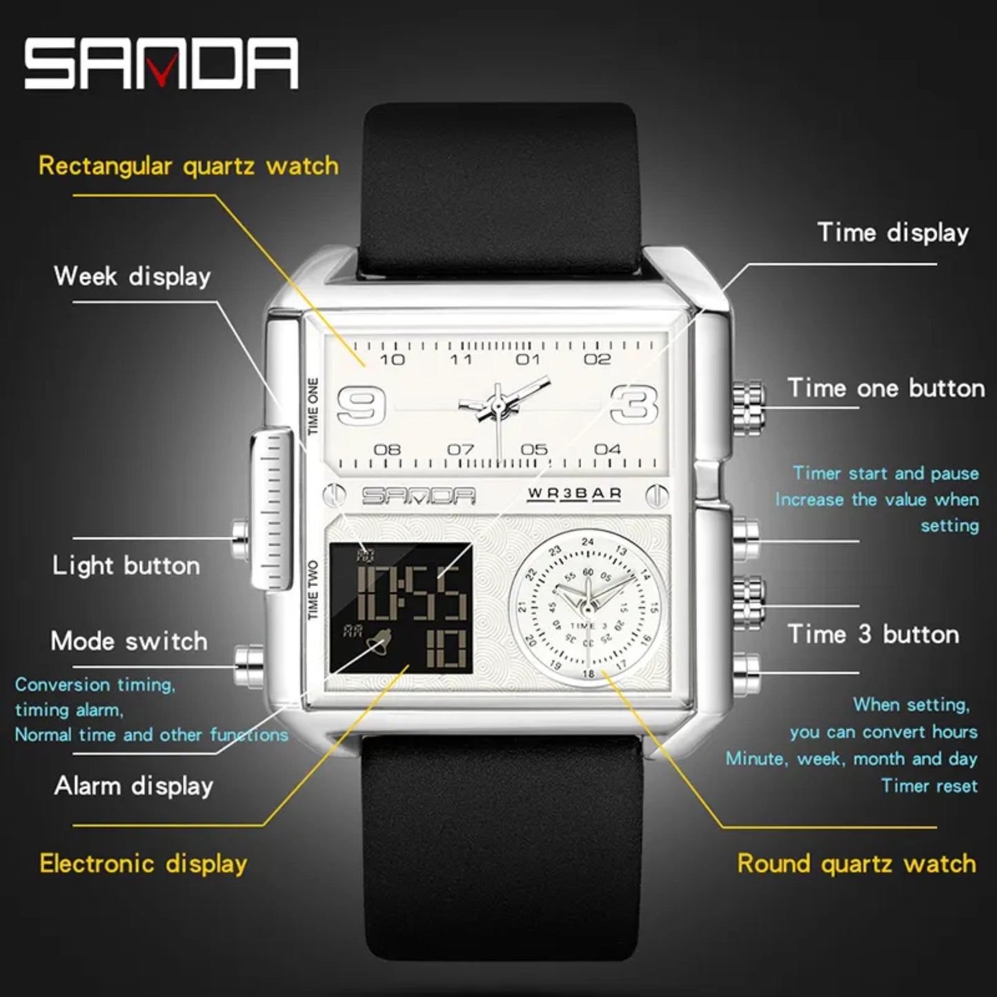 Sanda 6023 Luxury 3 Time Display Electronic Men's Watch