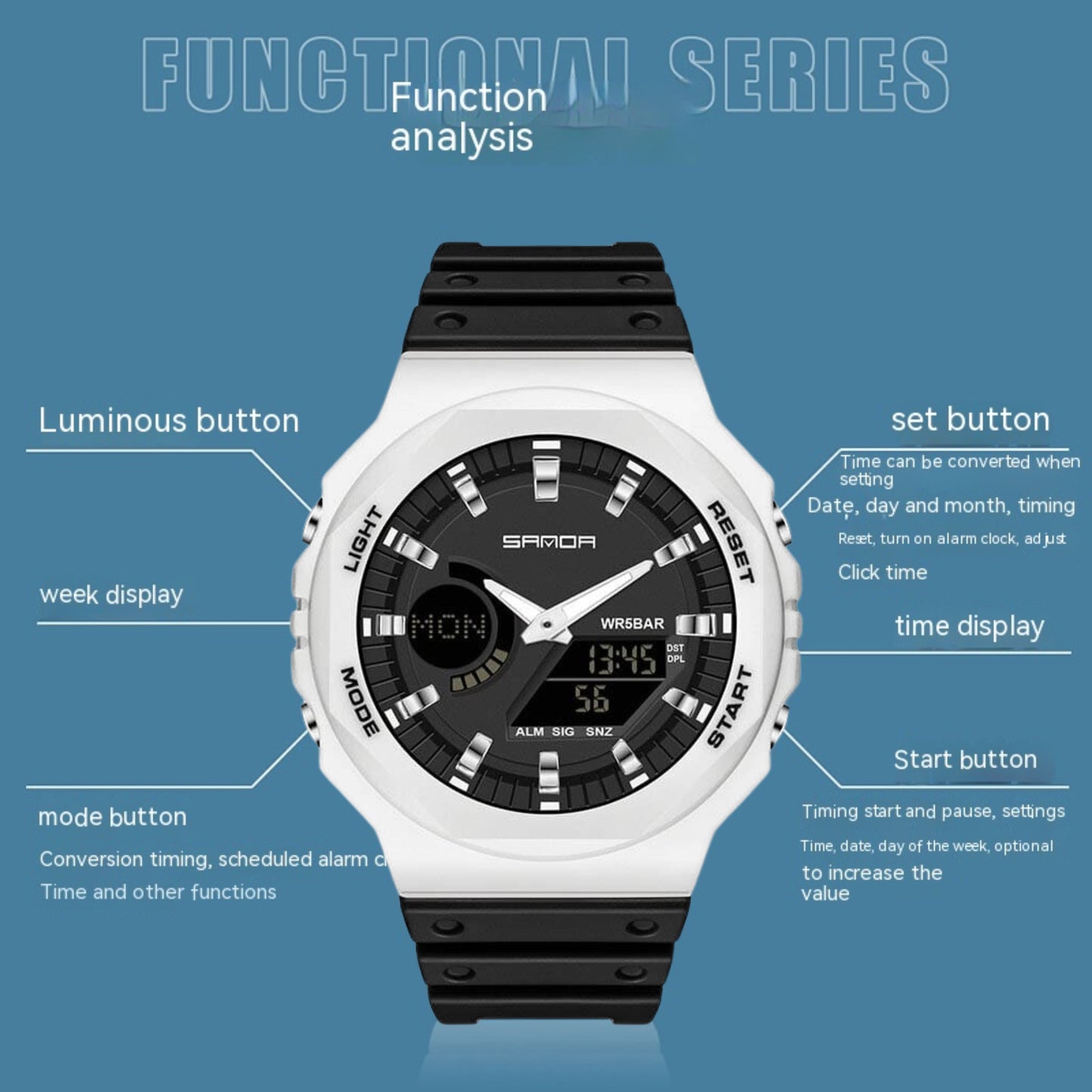 Sanda 6016 Multifunctional Dual time Sports Watch